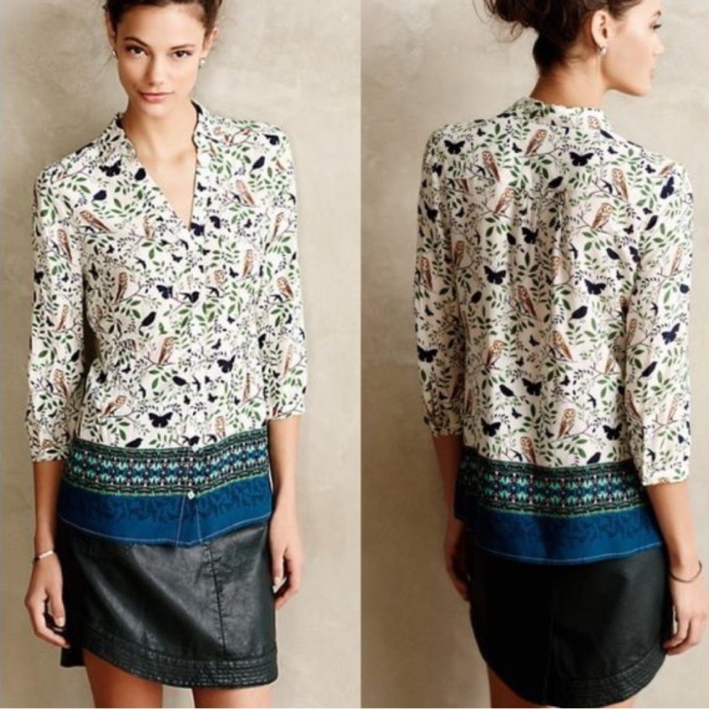 Maeve Cream and Blue Graphic Boxy Blouse